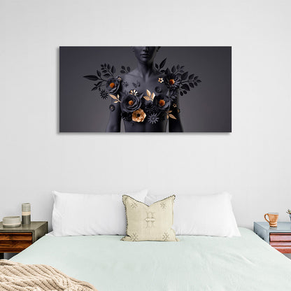 Woman with black and gold flowers on her chest on black background Canvas Wall Art Print