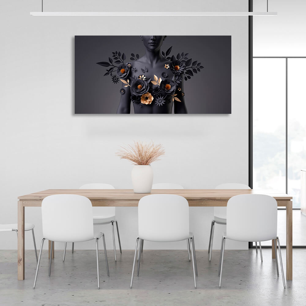 Woman with black and gold flowers on her chest on black background Canvas Wall Art Print