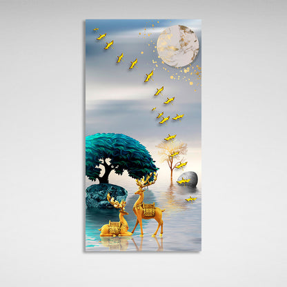 Two golden deer in a river with a blue-green tree Abstraction Canvas Wall Art Print