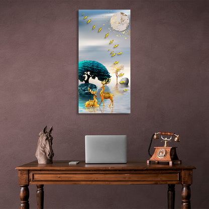 Two golden deer in a river with a blue-green tree Abstraction Canvas Wall Art Print