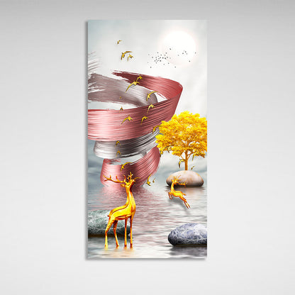 Two deer and a tree in the background of a pink and white tornado Abstraction Canvas Wall Art Print