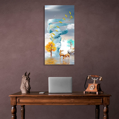 Two deer against the background of a water tornado in a soft blue color Abstraction Canvas Wall Art Print