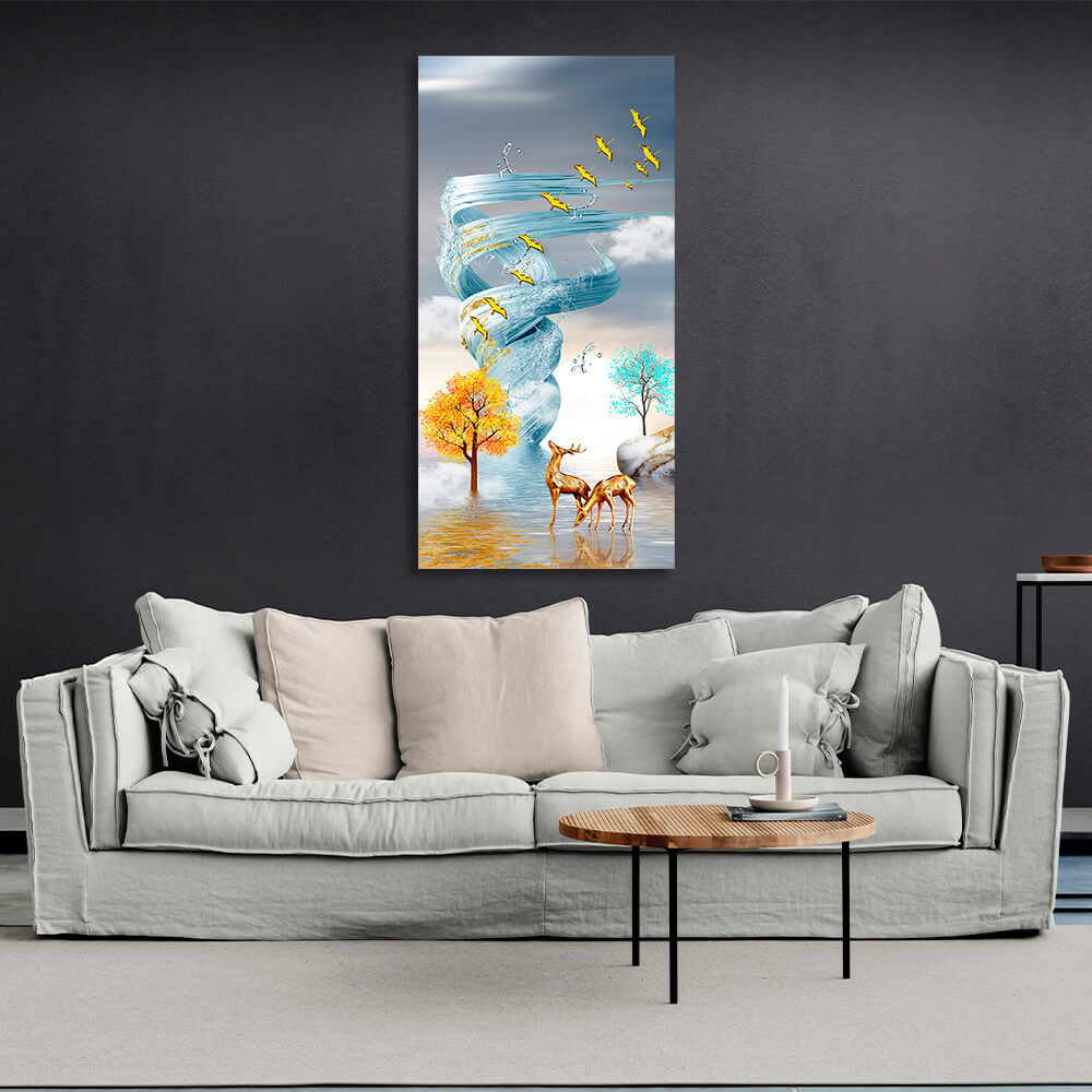 Two deer against the background of a water tornado in a soft blue color Abstraction Canvas Wall Art Print