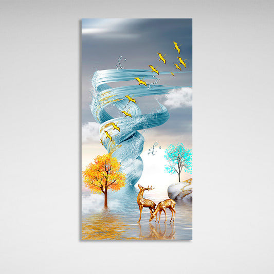 Two deer against the background of a water tornado in a soft blue color Abstraction Canvas Wall Art Print