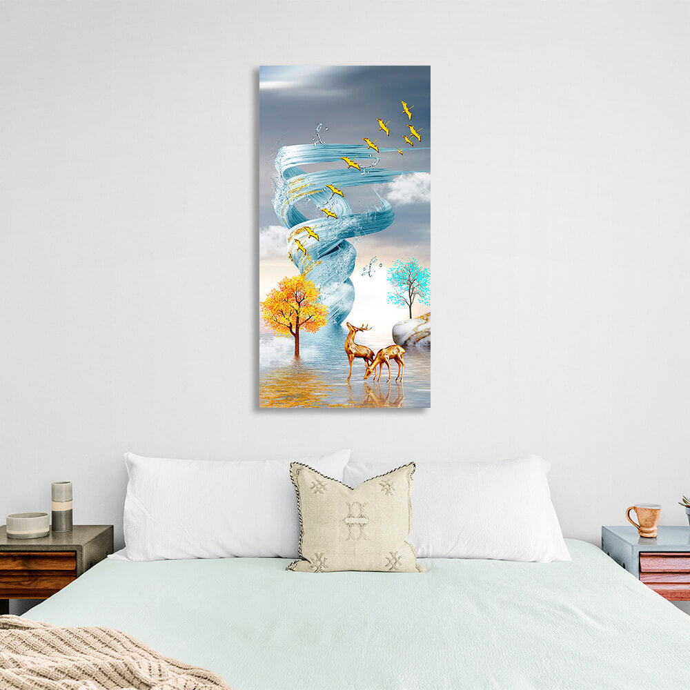 Two deer against the background of a water tornado in a soft blue color Abstraction Canvas Wall Art Print