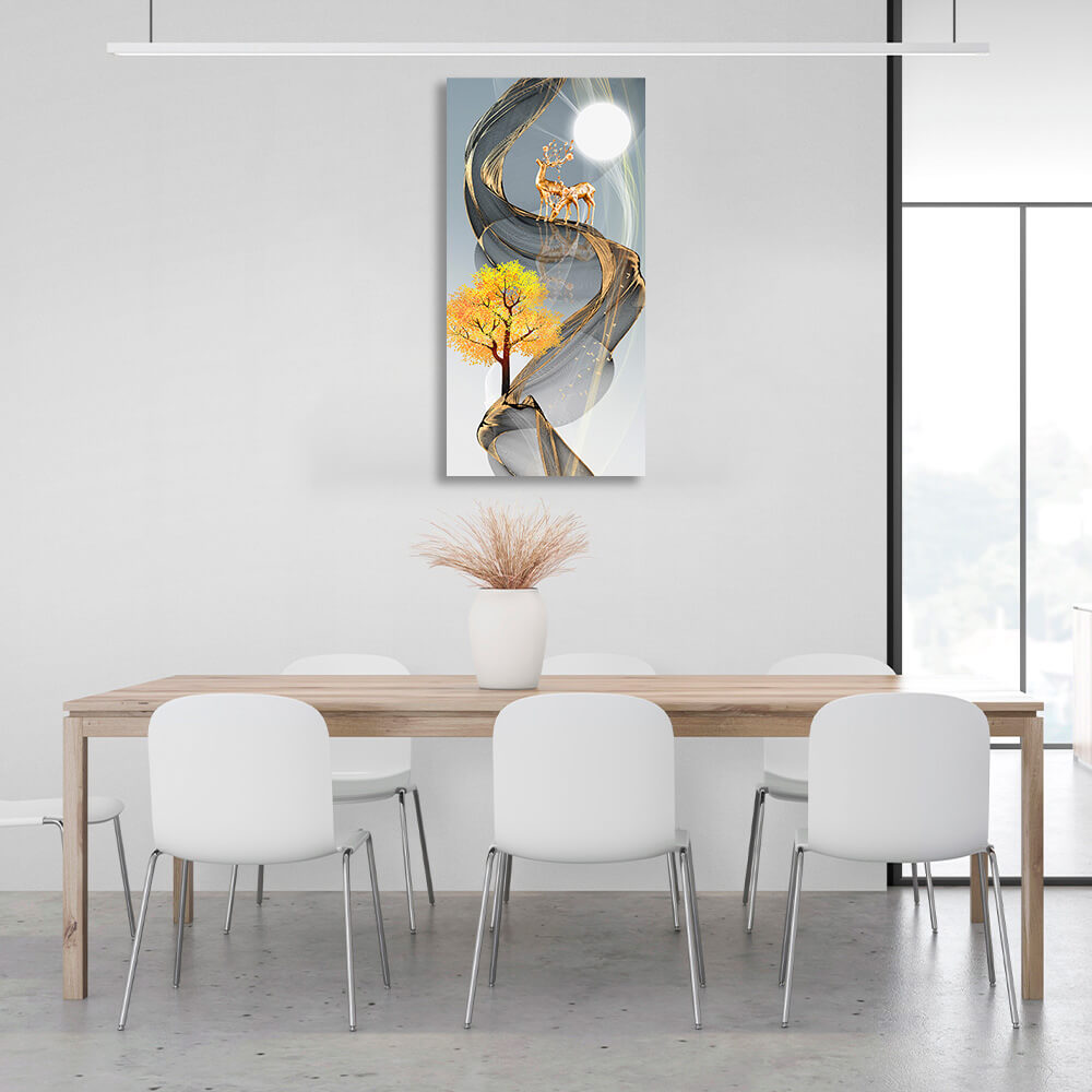 A yellow tree, two deer and a moon Abstraction Canvas Wall Art Print