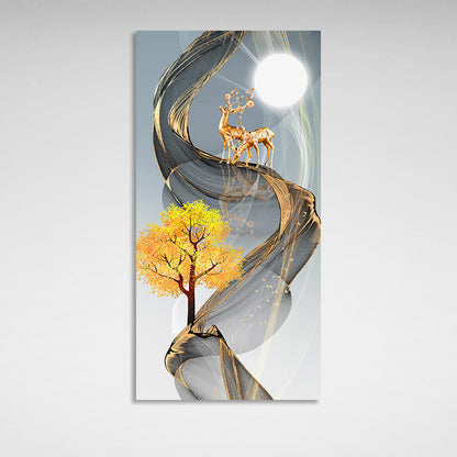 A yellow tree, two deer and a moon Abstraction Canvas Wall Art Print