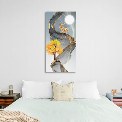 A yellow tree, two deer and a moon Abstraction Canvas Wall Art Print