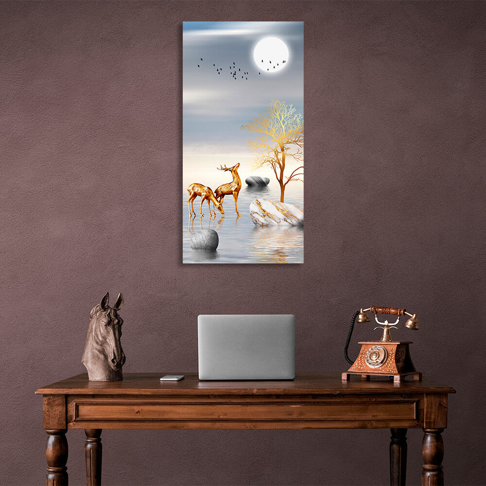 Three stones two deer two birds and the moon Abstraction Canvas Wall Art Print