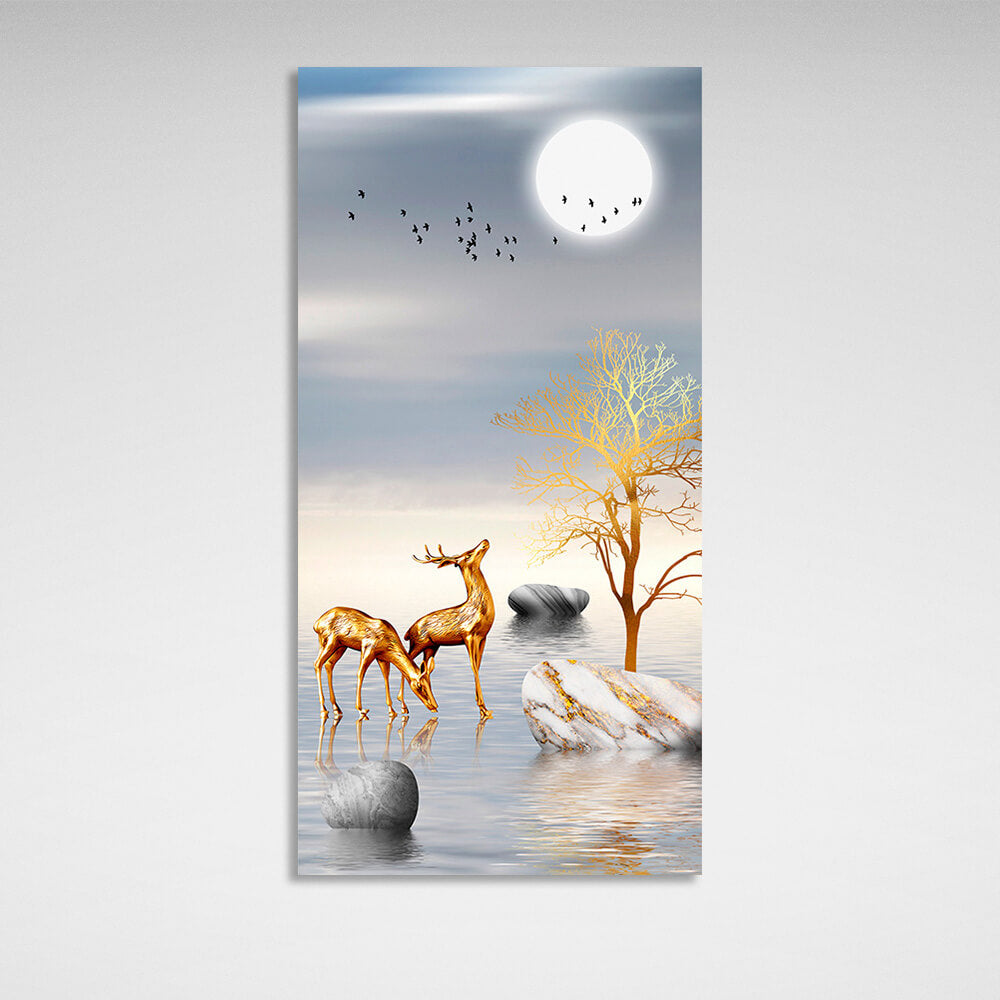 Three stones two deer two birds and the moon Abstraction Canvas Wall Art Print