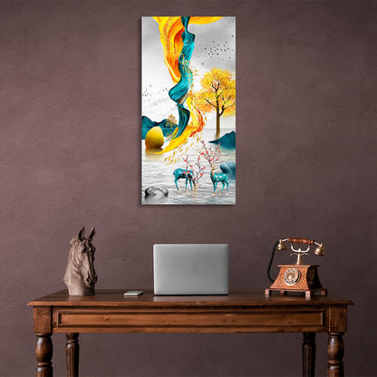 Two green deer with yellow and green details in the background Abstraction Canvas Wall Art Print