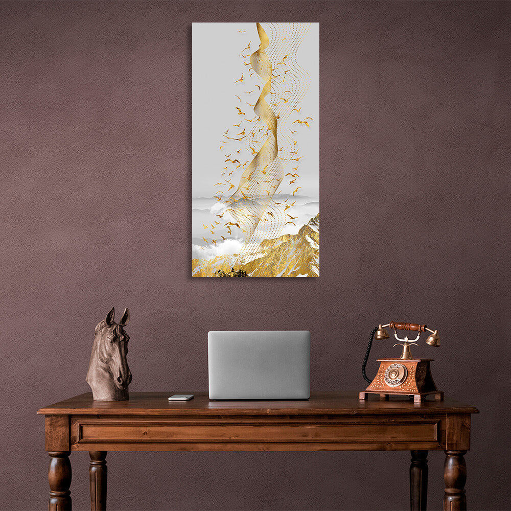 Golden birds over a golden mountain on a gray background Canvas Wall Art Print