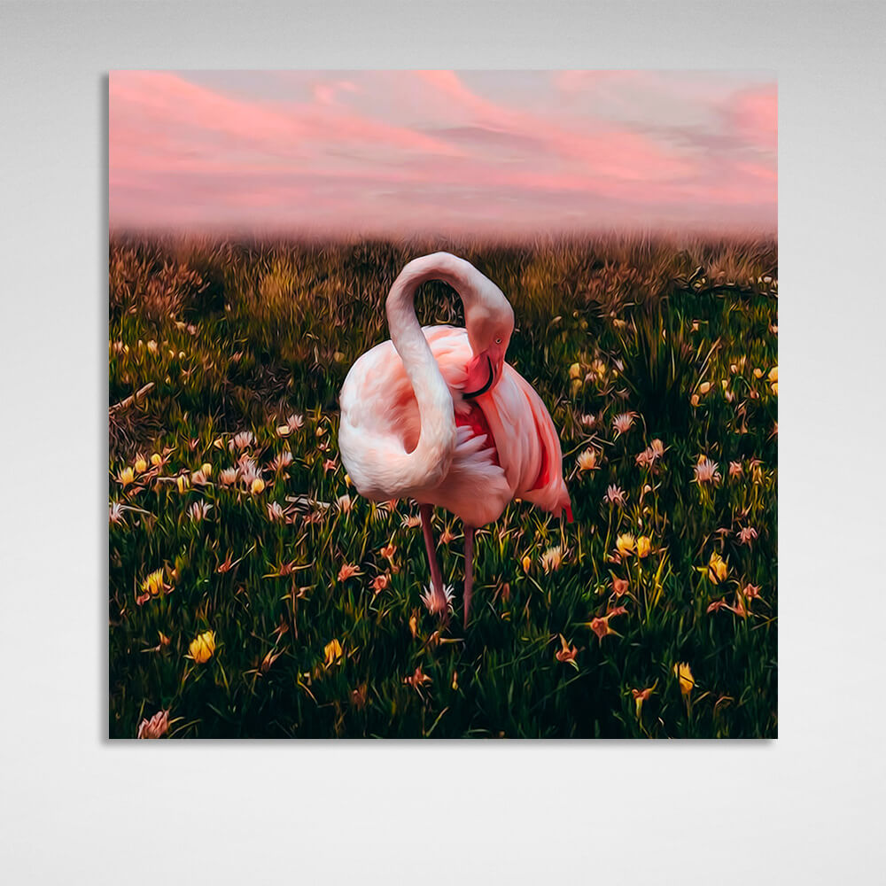 Pink flamingo in a field of flowers background Canvas Wall Art Print