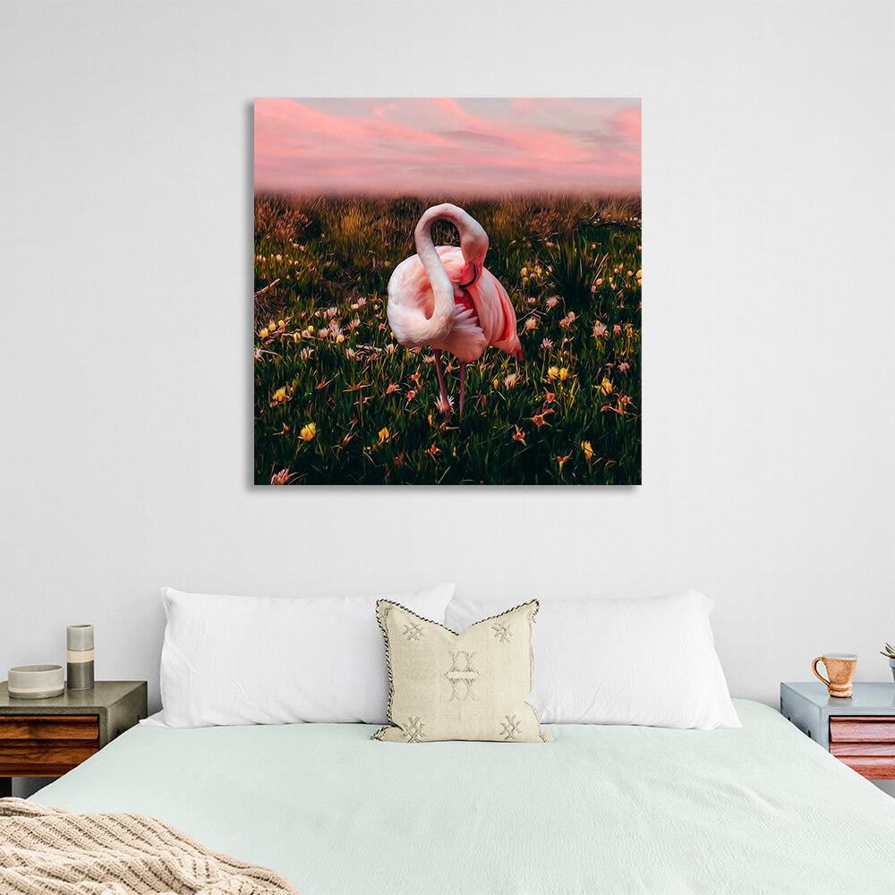 Pink flamingo in a field of flowers background Canvas Wall Art Print