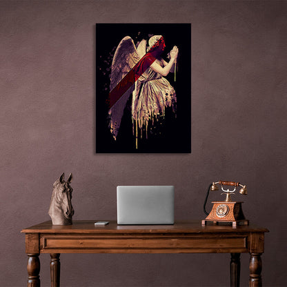 Gold angel with red detail on black background background Canvas Wall Art Print