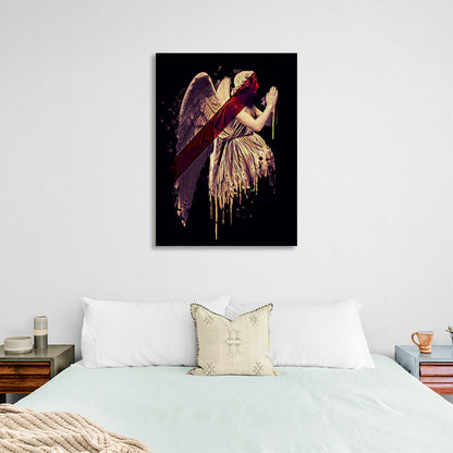 Gold angel with red detail on black background background Canvas Wall Art Print