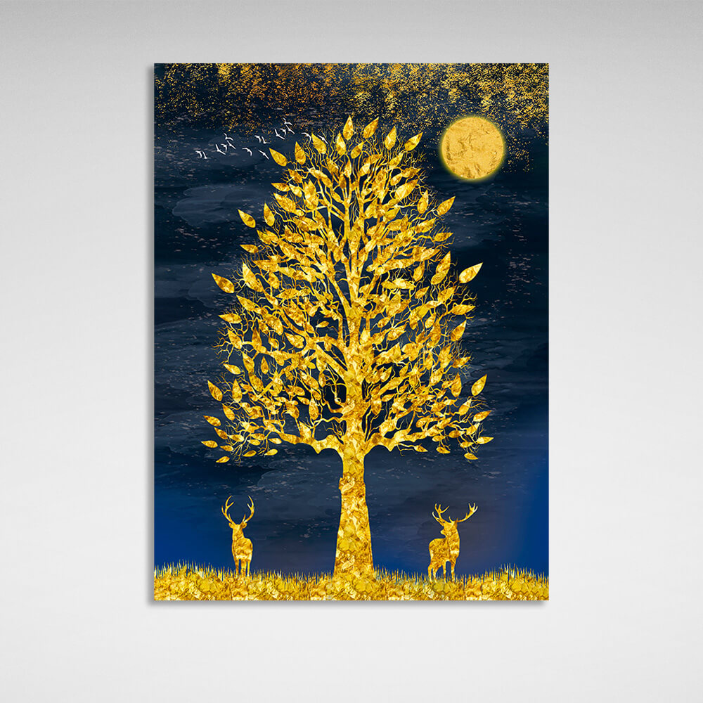 Under a tree, two deer in a field against a sunset background all in golden hues background Canvas Wall Art Print