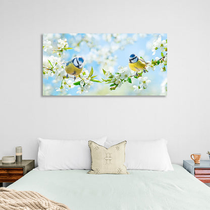 2 spring tits on twigs with white flowers Canvas Wall Art Print