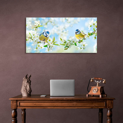 2 spring tits on twigs with white flowers Canvas Wall Art Print