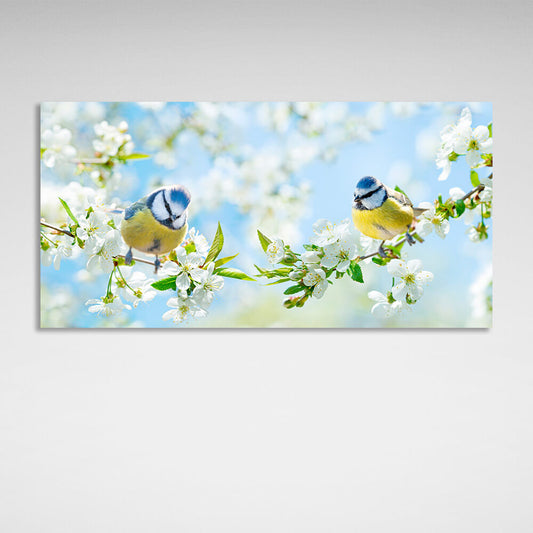 2 spring tits on twigs with white flowers Canvas Wall Art Print