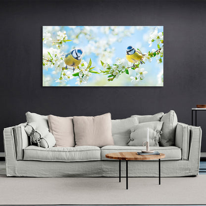 2 spring tits on twigs with white flowers Canvas Wall Art Print