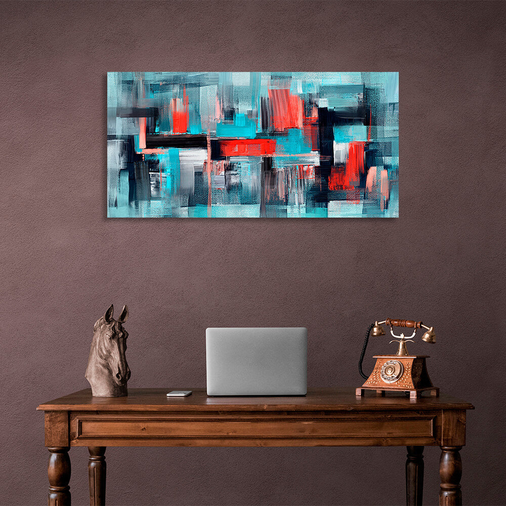 Turquoise abstract with red and black details Abstraction Canvas Wall Art Print