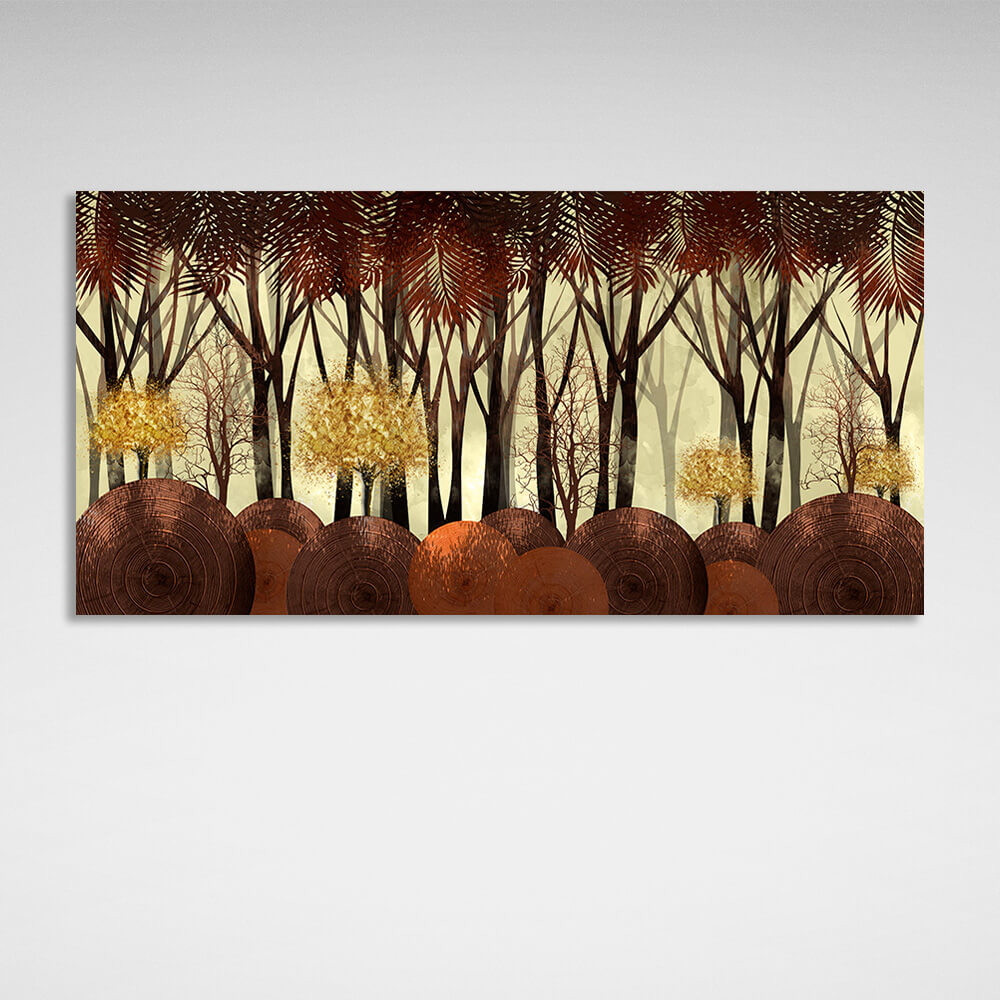 4 golden trees in a forest of tall trees Canvas Wall Art Print