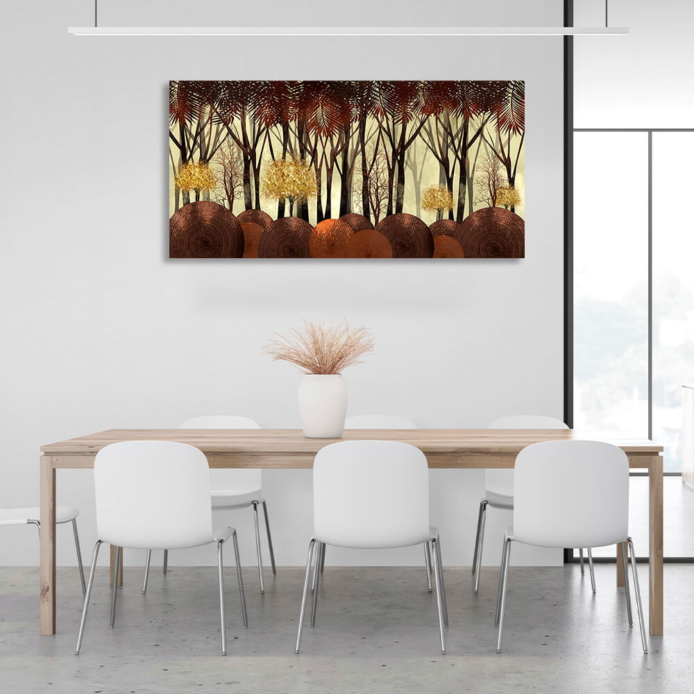 4 golden trees in a forest of tall trees Canvas Wall Art Print