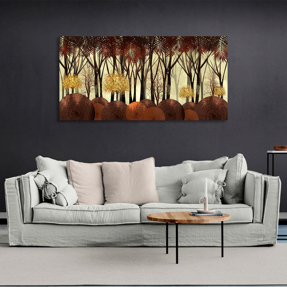 4 golden trees in a forest of tall trees Canvas Wall Art Print