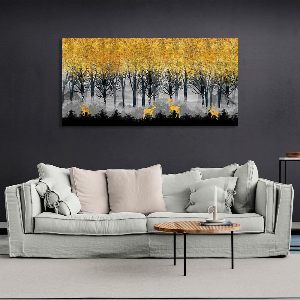 A forest of yellow trees with 4 deer walking under them Canvas Wall Art Print