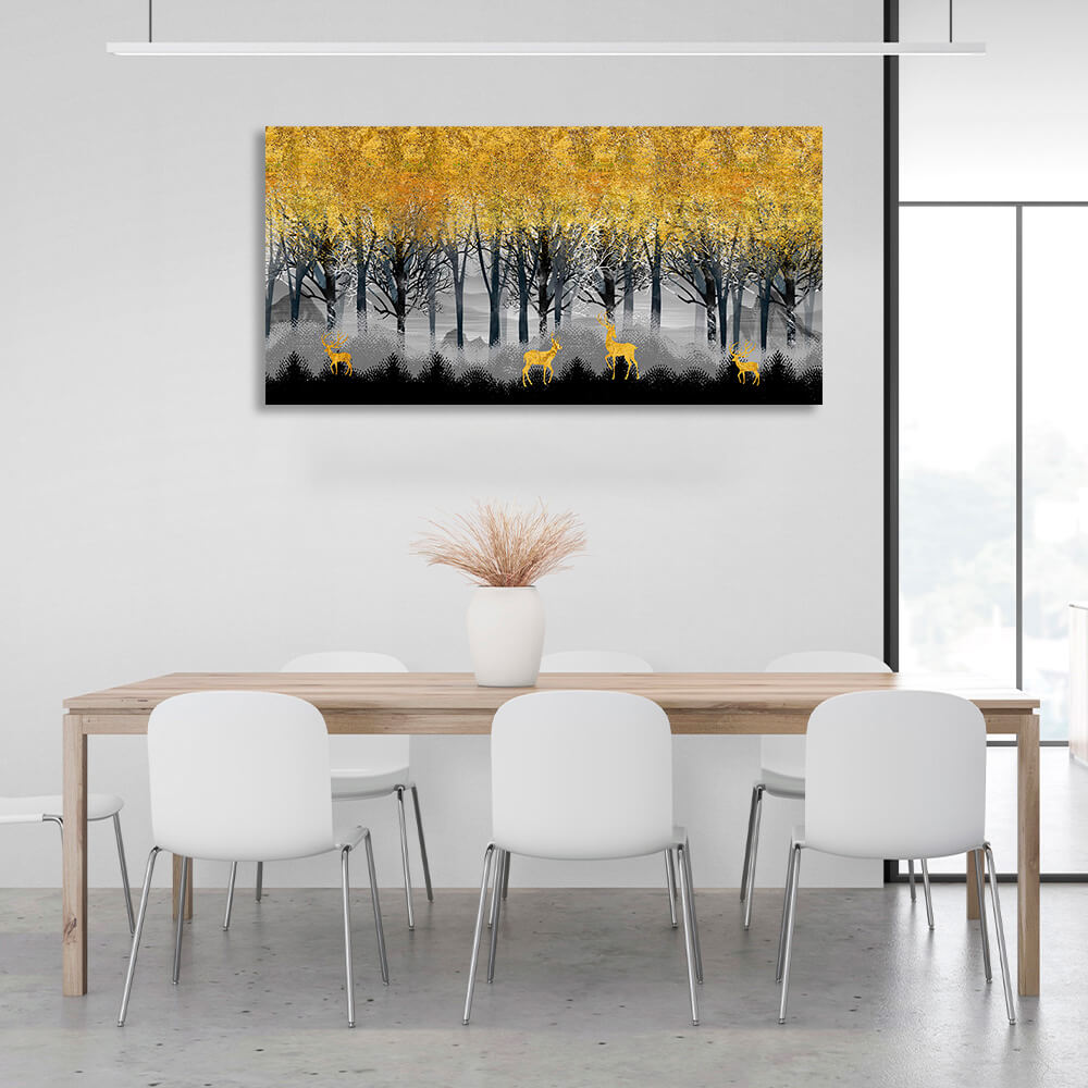 A forest of yellow trees with 4 deer walking under them Canvas Wall Art Print