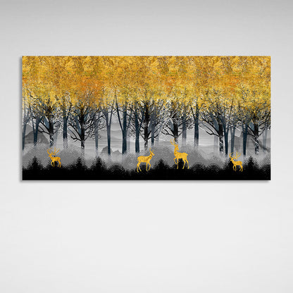 A forest of yellow trees with 4 deer walking under them Canvas Wall Art Print