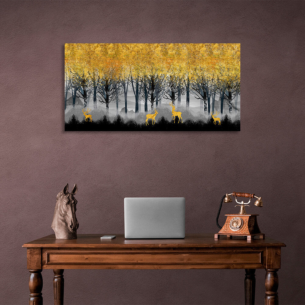 A forest of yellow trees with 4 deer walking under them Canvas Wall Art Print