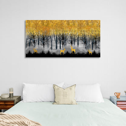 A forest of yellow trees with 4 deer walking under them Canvas Wall Art Print