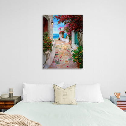 The alley between the houses to the sea Canvas Wall Art Print