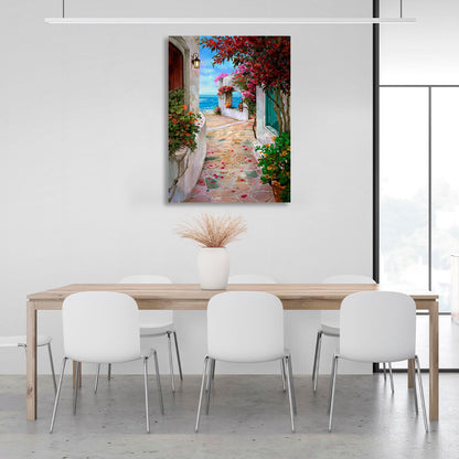 The alley between the houses to the sea Canvas Wall Art Print