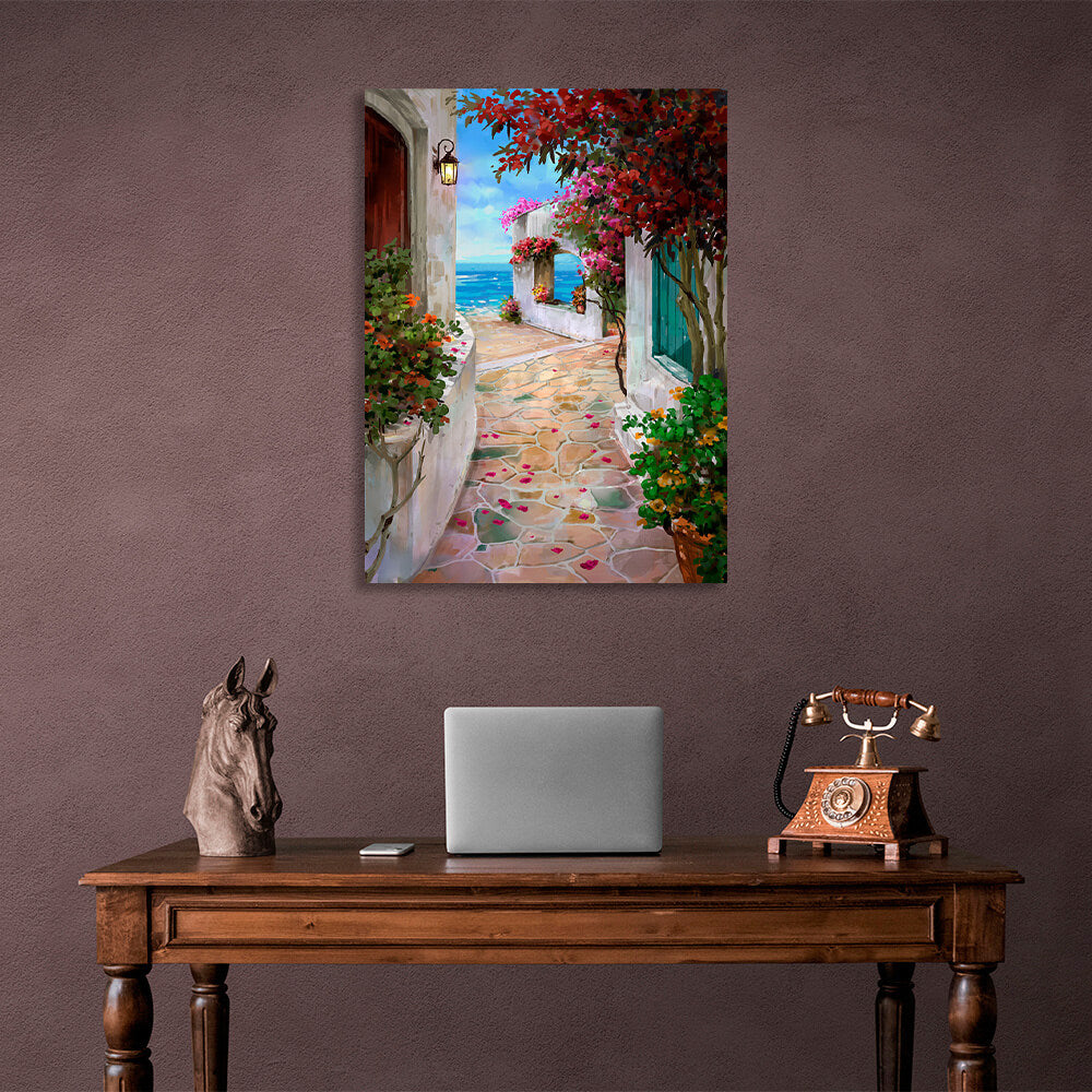 The alley between the houses to the sea Canvas Wall Art Print