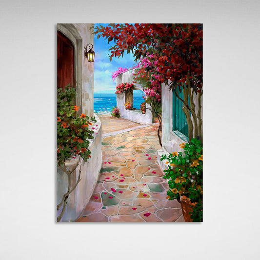 The alley between the houses to the sea Canvas Wall Art Print