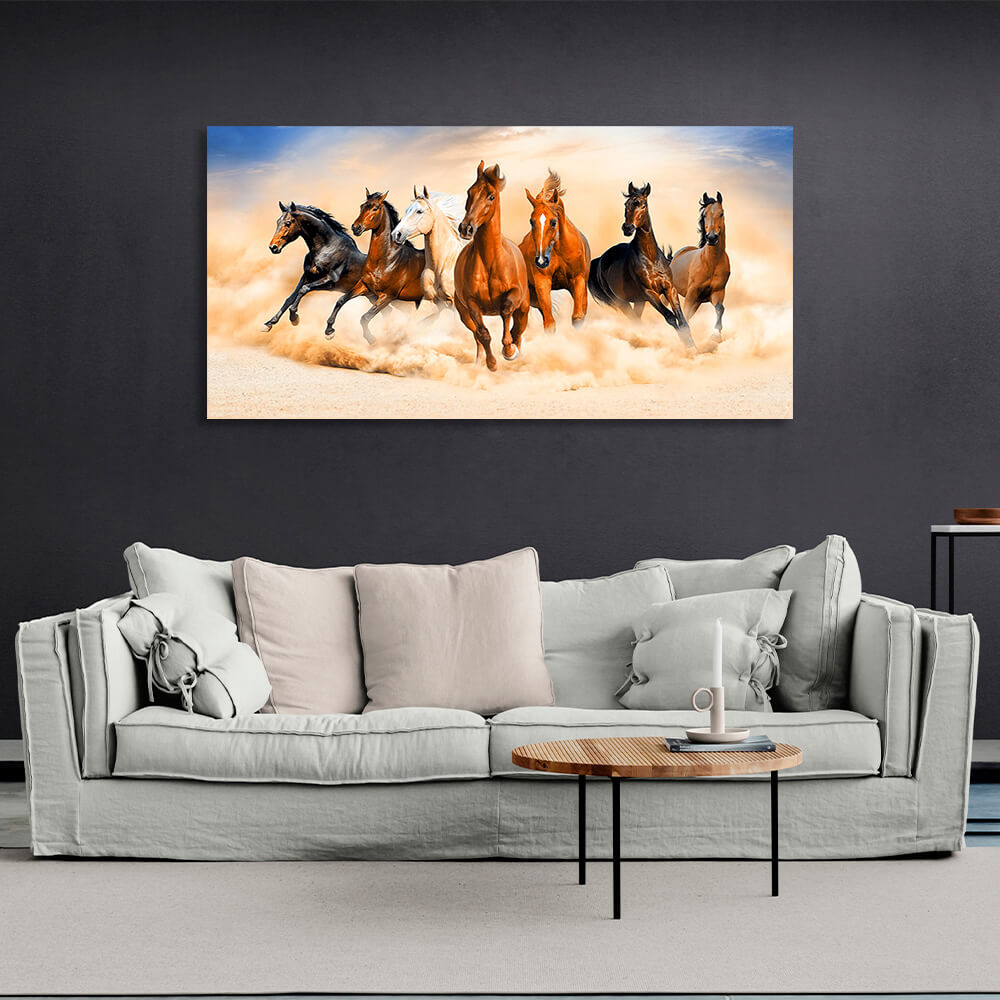 Seven horses running in the cavernous wildernessCanvas Wall Art Print