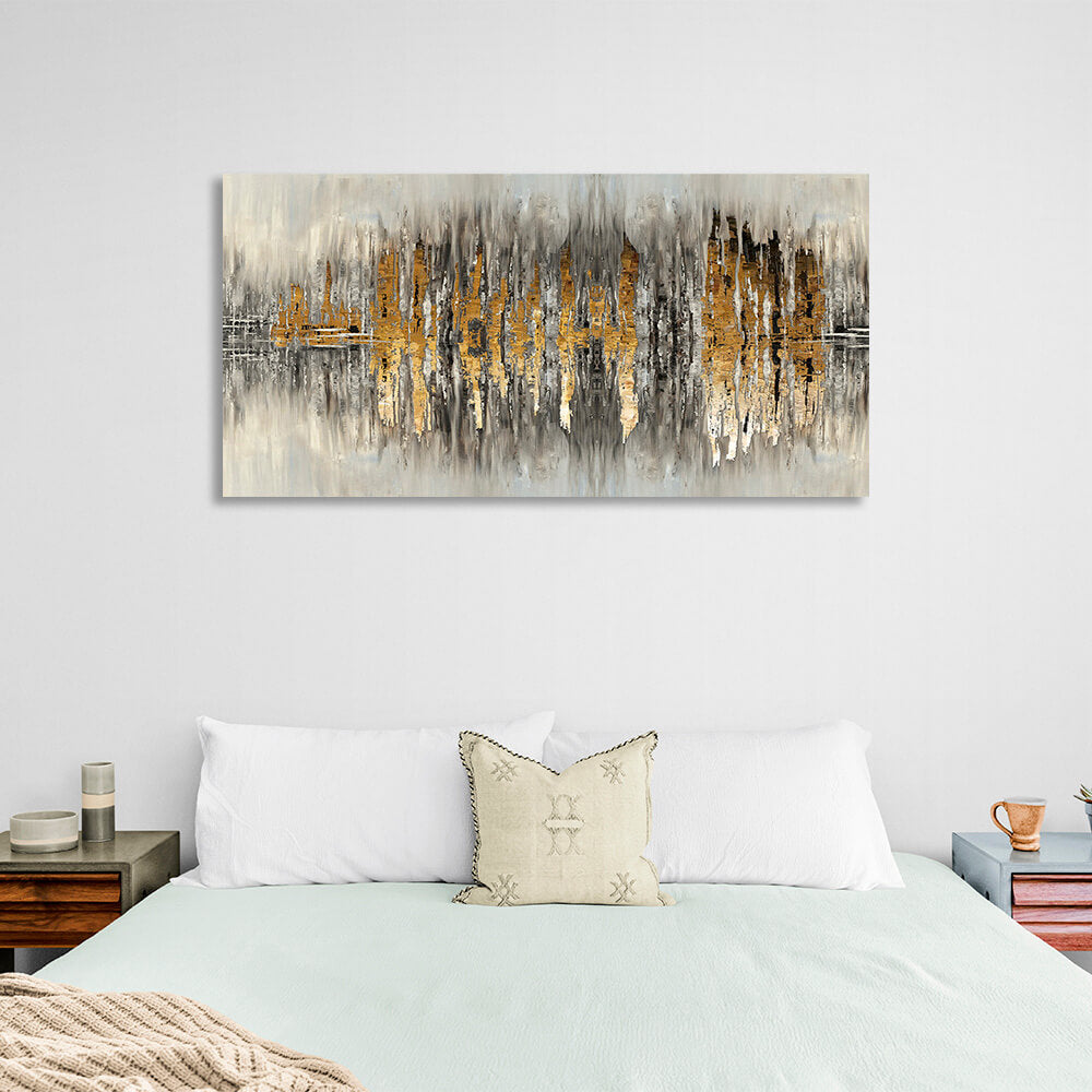 The silhouette of the city is a gray-gold color Abstraction Canvas Wall Art Print