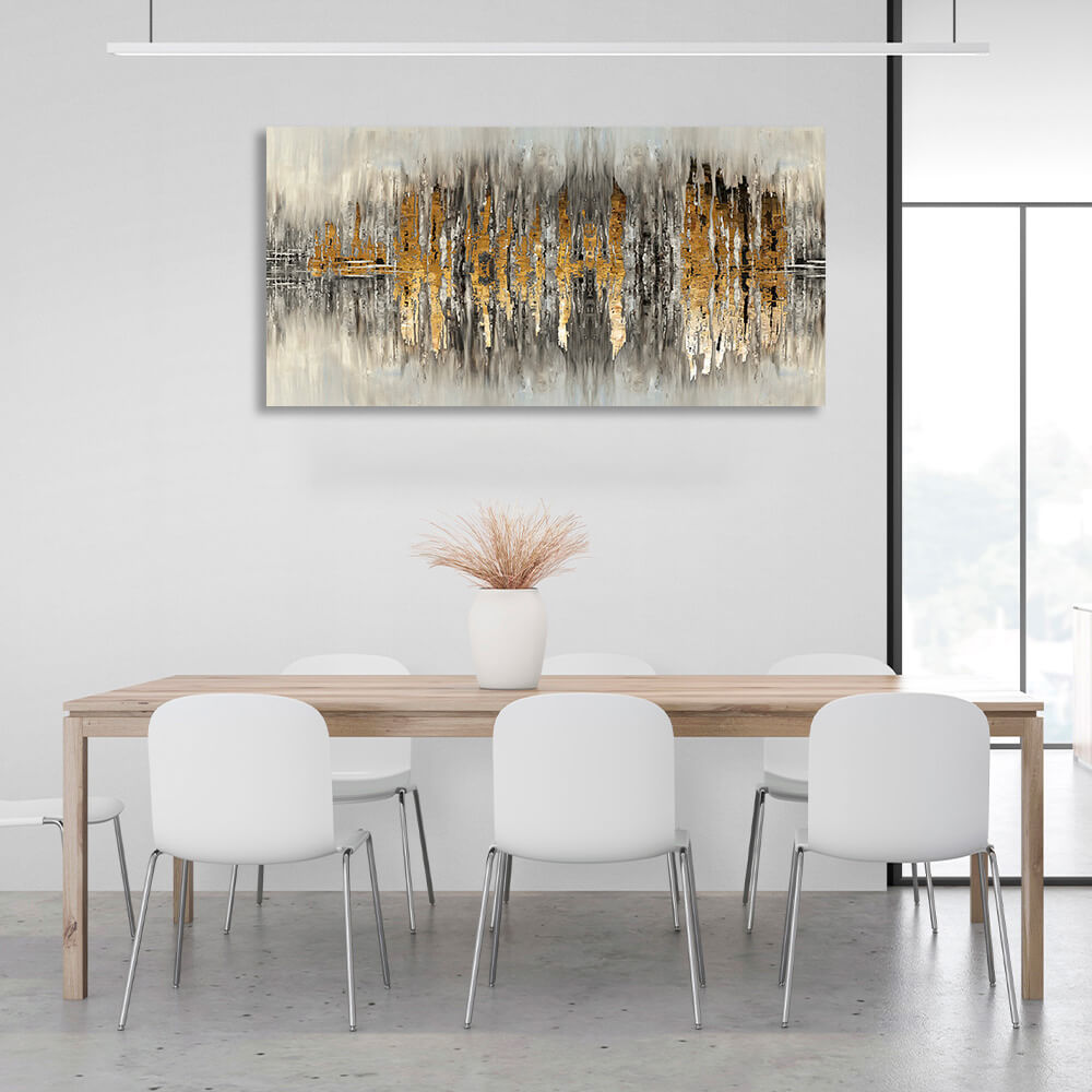 The silhouette of the city is a gray-gold color Abstraction Canvas Wall Art Print