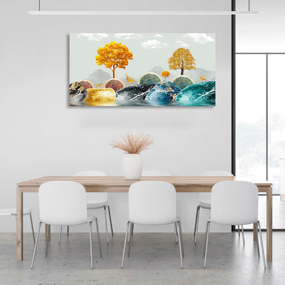 Rocks with three deer on them and golden trees Canvas Wall Art Print