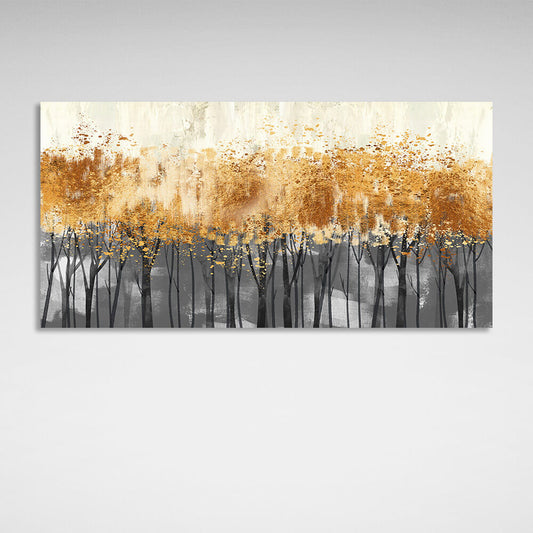 Golden trees on dark poles in the fog Canvas Wall Art Print