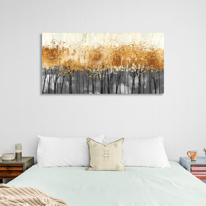 Golden trees on dark poles in the fog Canvas Wall Art Print