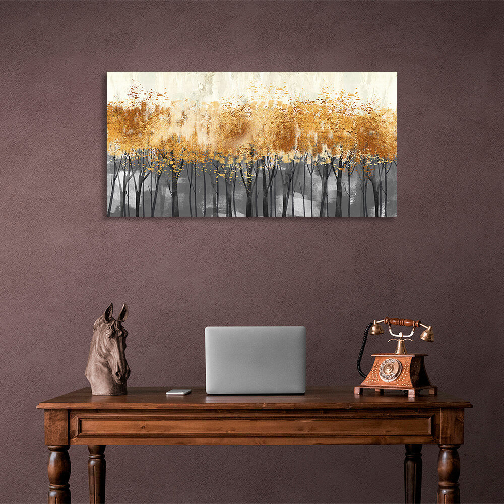 Golden trees on dark poles in the fog Canvas Wall Art Print