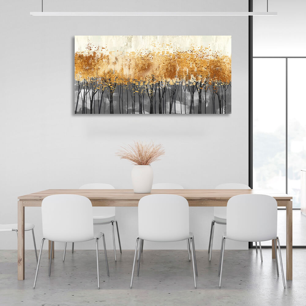 Golden trees on dark poles in the fog Canvas Wall Art Print