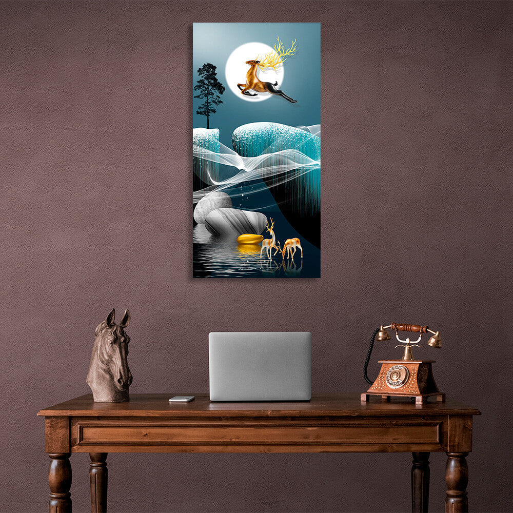 Three deer, moon and tree Abstraction Canvas Wall Art Print