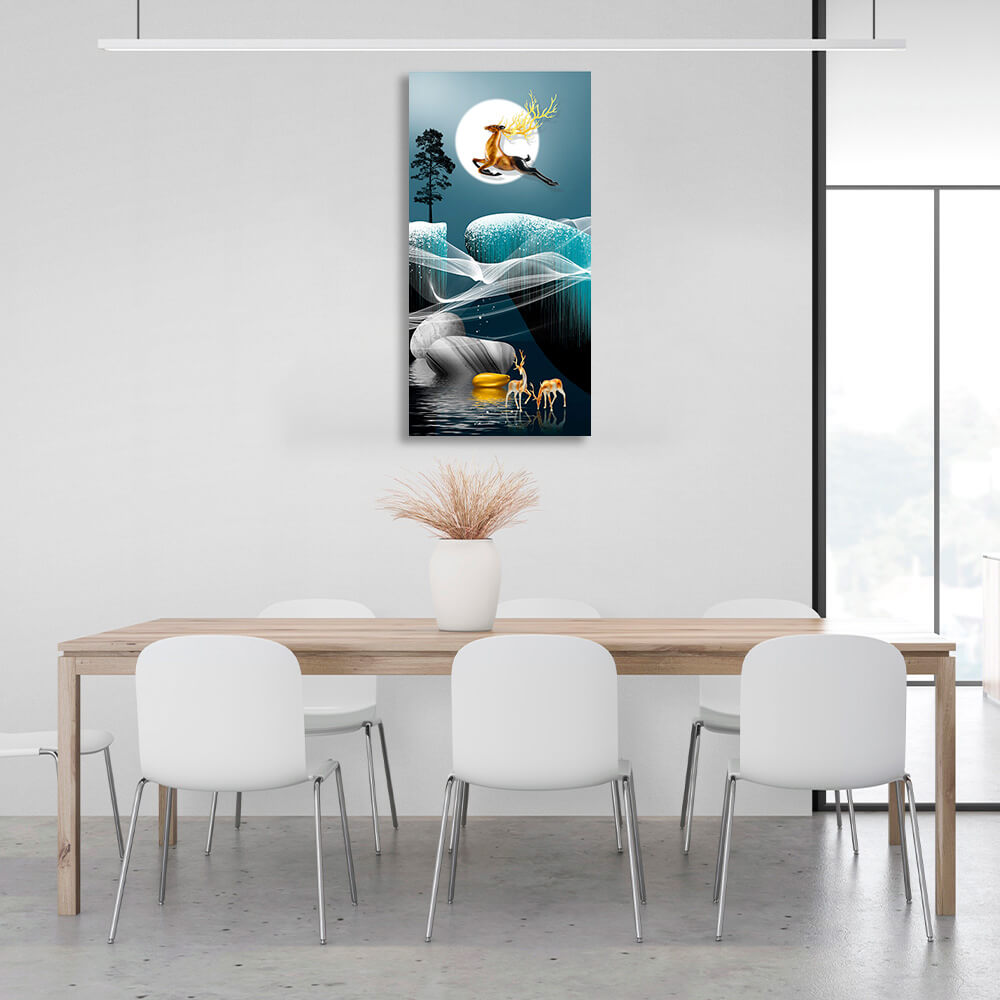 Three deer, moon and tree Abstraction Canvas Wall Art Print