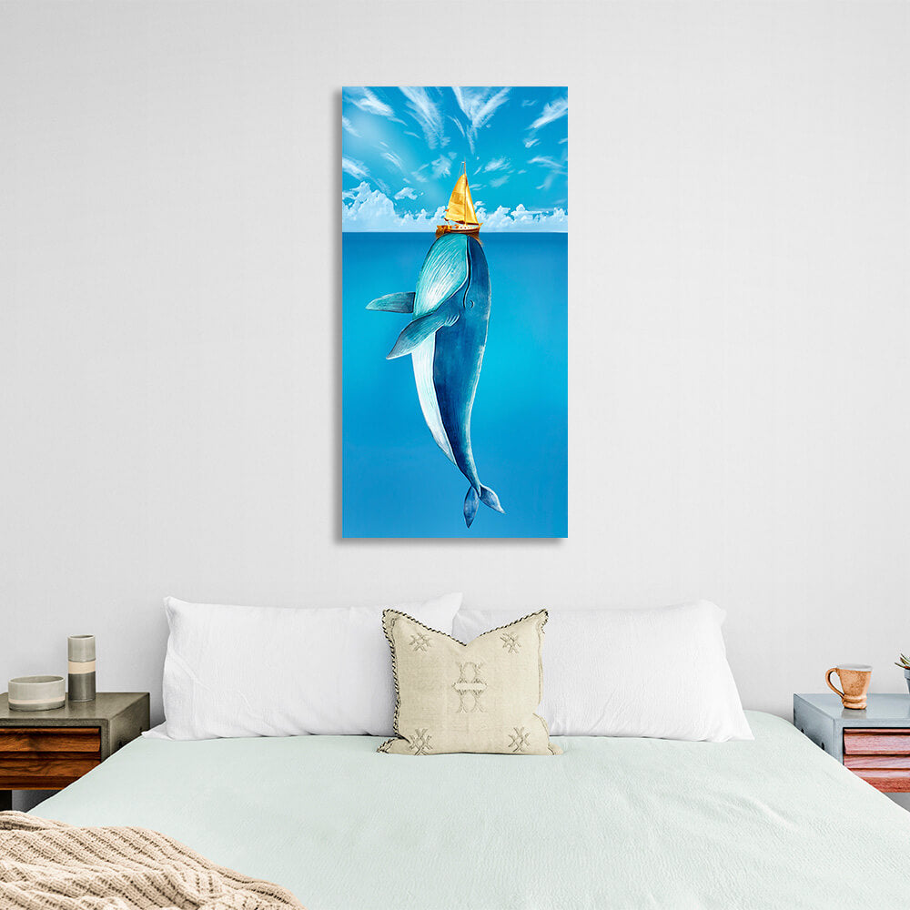 A whale at sea under a boat with a blue sky Canvas Wall Art Print