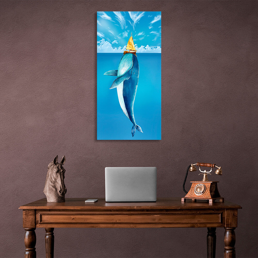 A whale at sea under a boat with a blue sky Canvas Wall Art Print